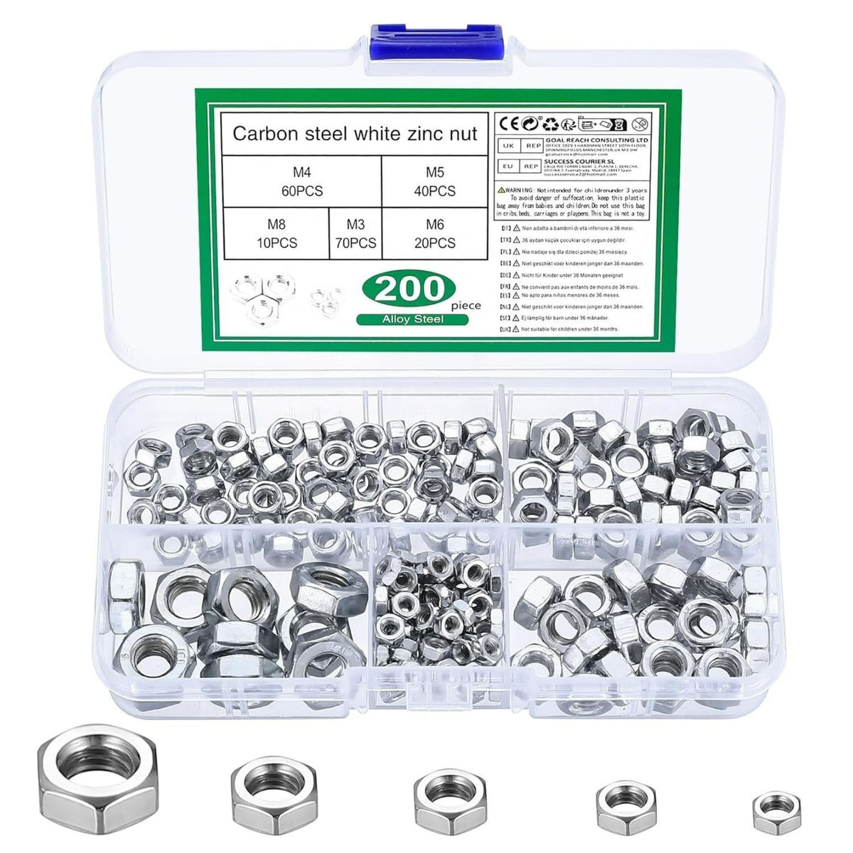 200Pcs Hex Nuts Set M3 M4 M5 M6 M8 Stainless Steel Assorted Nut Kit UK