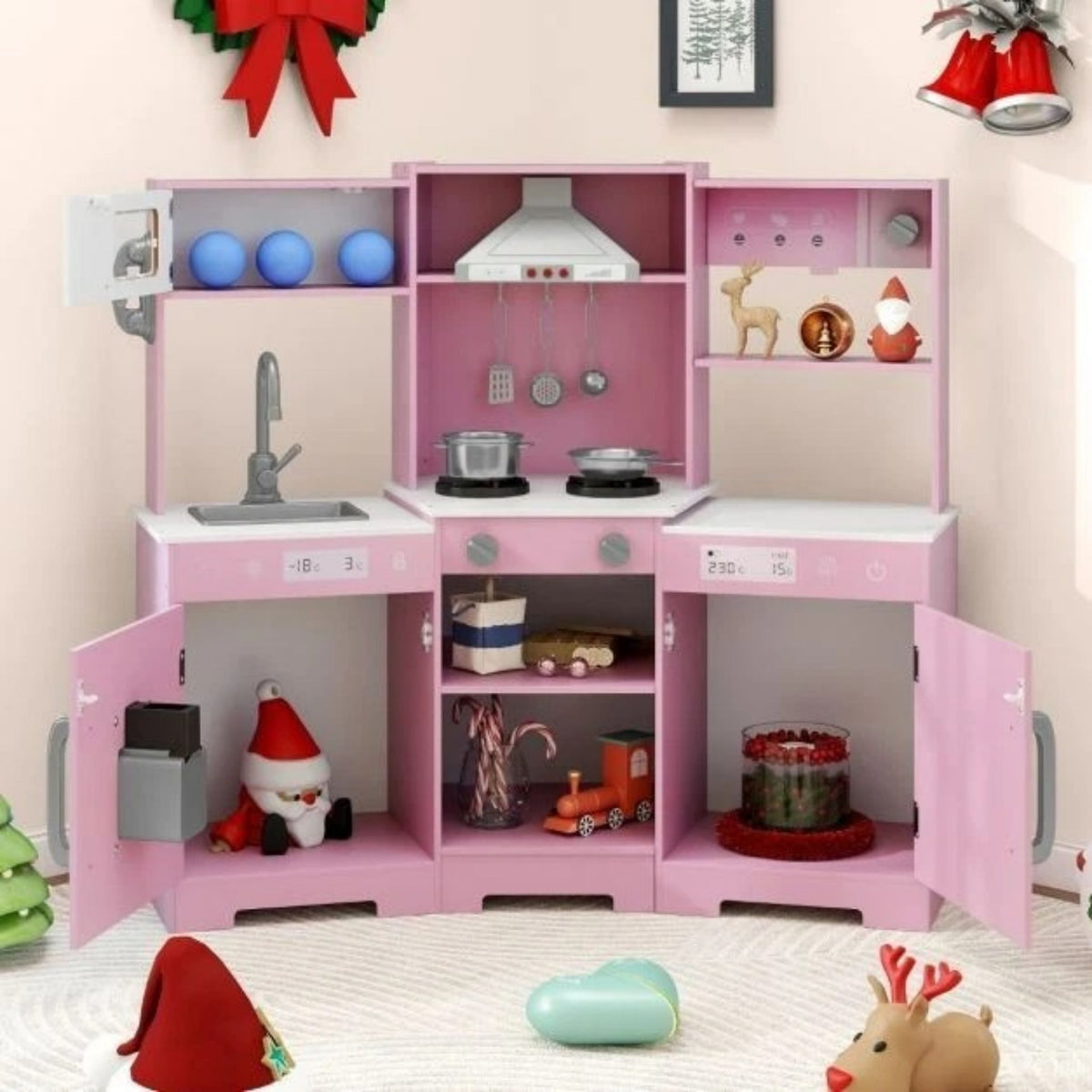 Wooden Play Kitchen for Kids Realistic Sounds Lights Utensils Included