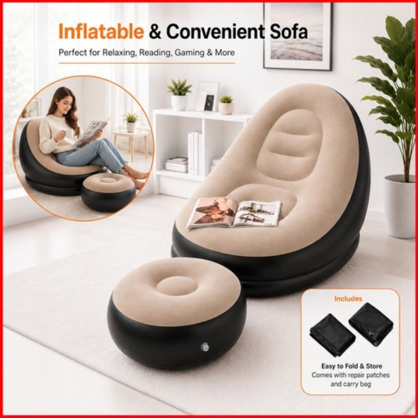 Inflatable Lounge Chair with Ottoman Footrest for Indoor Outdoor Camps
