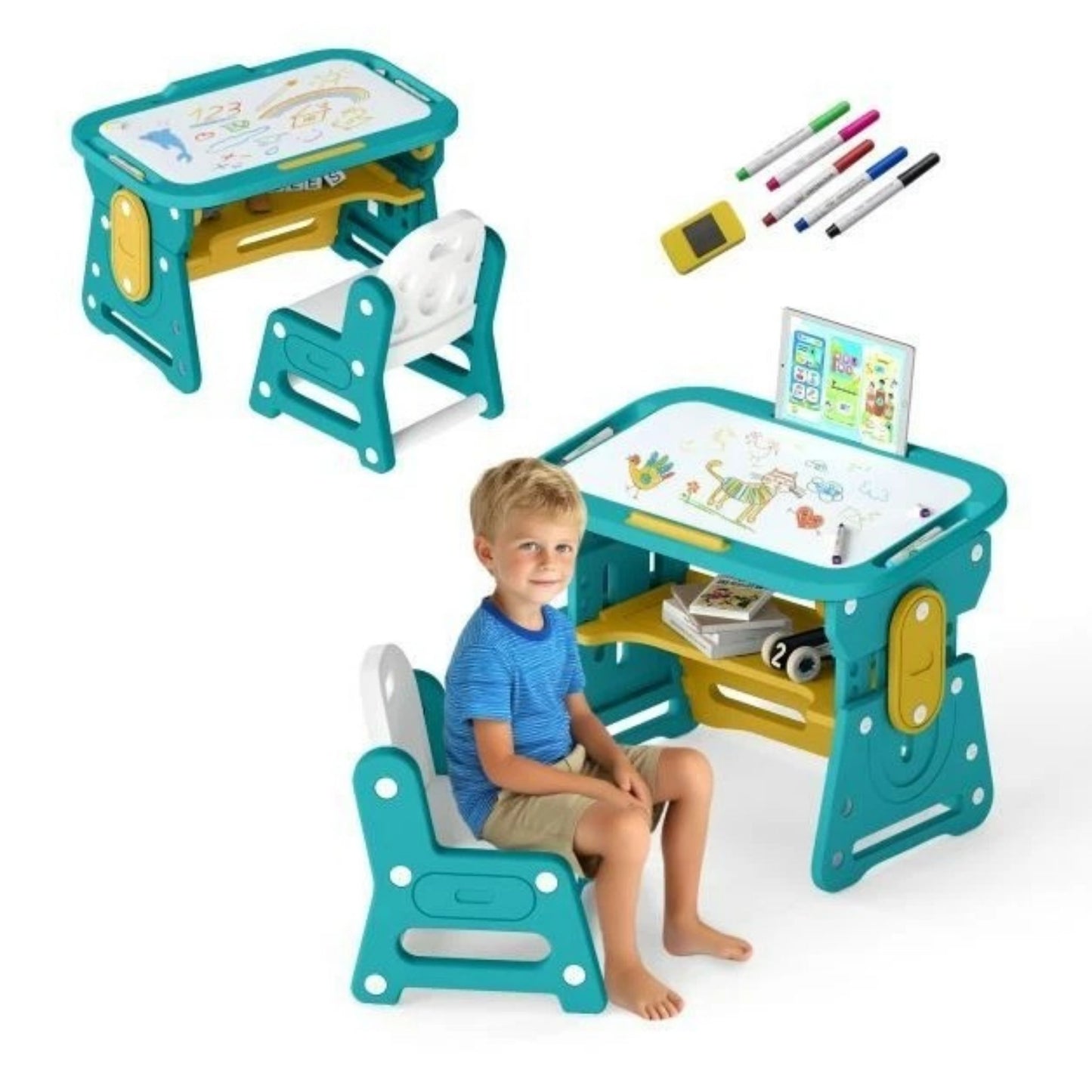 Children Study Desk Chair Set Tiltable Whiteboard Book Stand Kids Learning Table