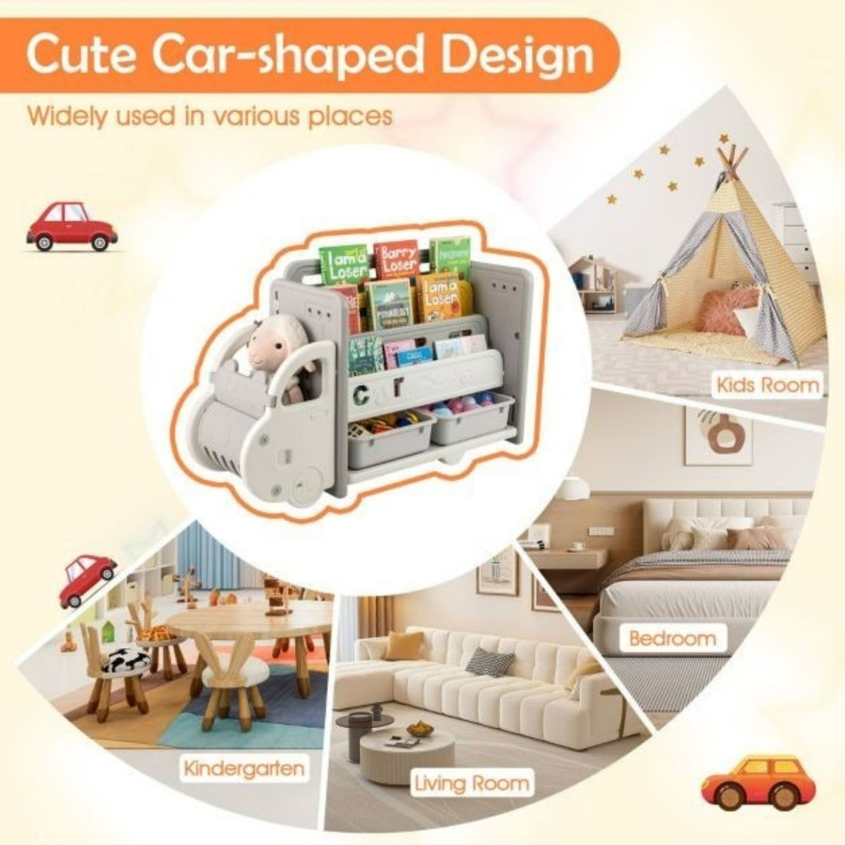 Kids Car Toy Storage Organiser Bookshelf 3 Tier 2 Boxes BPA Free EN71!