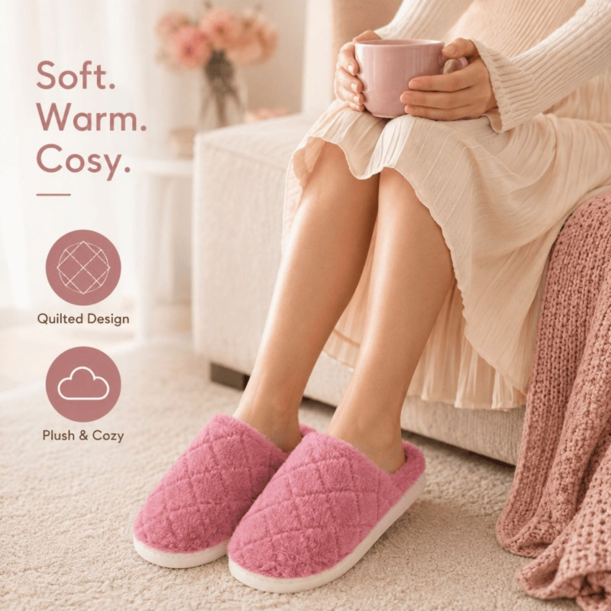 Women's Fluffy Slippers Warm Cosy Soft Indoor Slip-On House Shoes UK 3–7