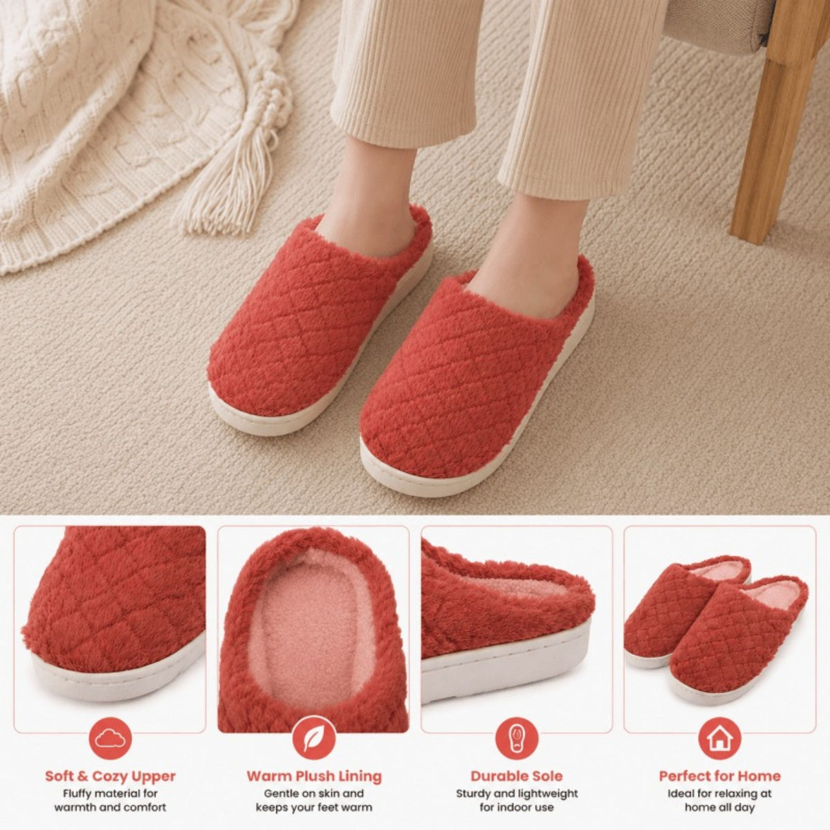 Women's Fluffy Slippers Warm Cosy Soft Indoor Slip-On House Shoes UK 3–7