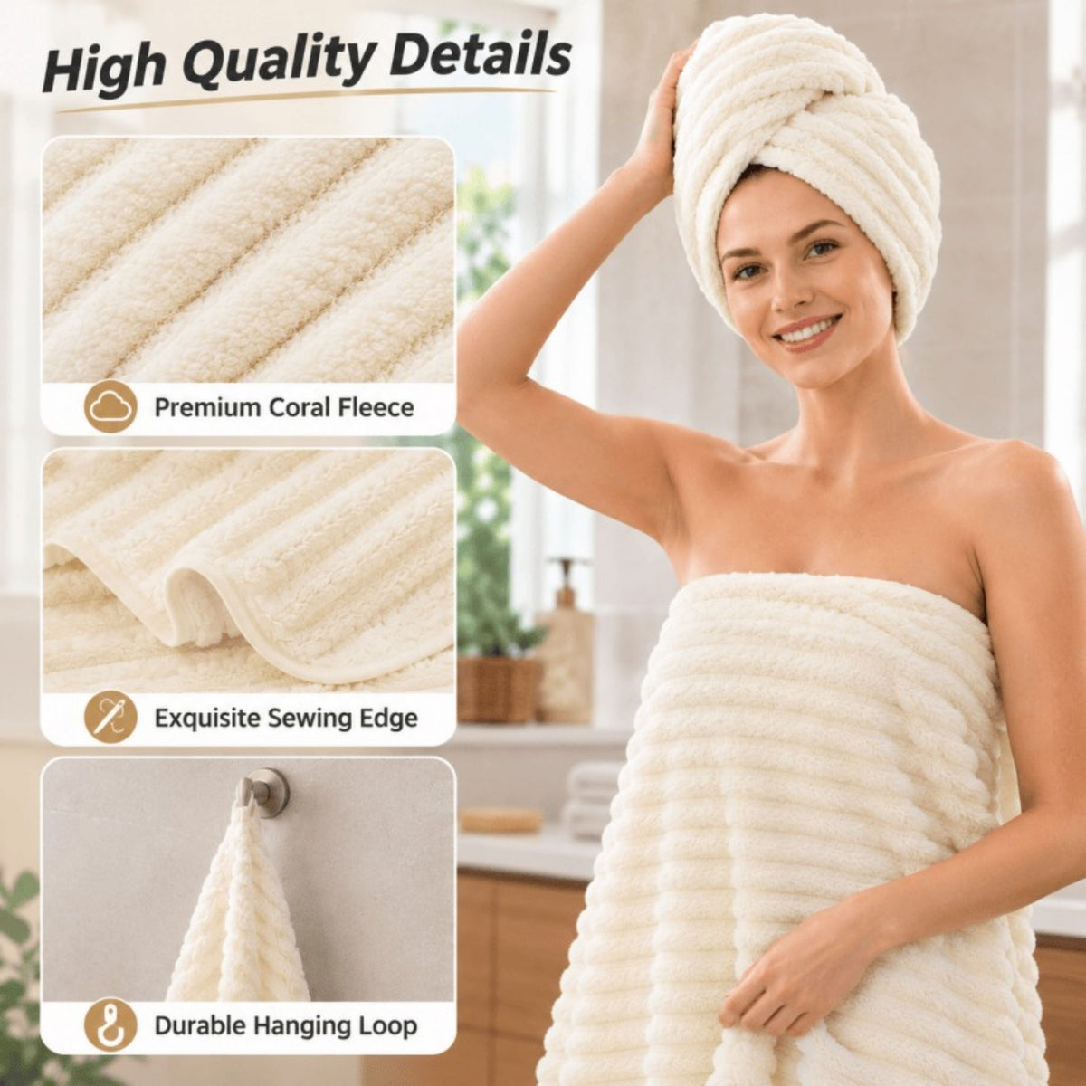 4PCS Fleece Bath Towels 70 x 135cm Soft Absorbent Quick Dry Pink or White