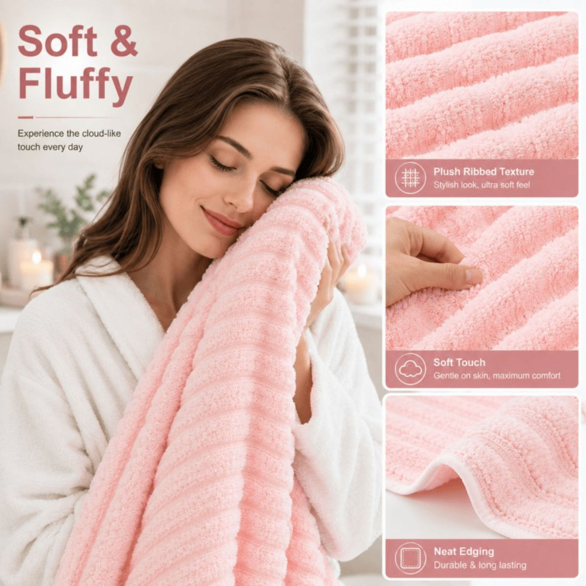4PCS Fleece Bath Towels 70 x 135cm Soft Absorbent Quick Dry Pink or White